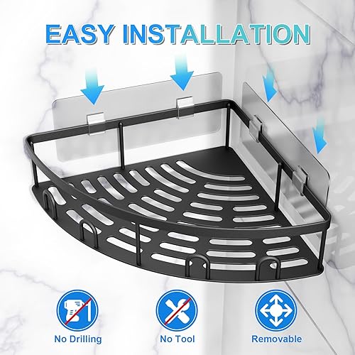 Miniatura 5 de Organizador de esquina para ducha, paquete de 2 estantes organizadores adhesivos para baño, ducha, sin perforaciones, a prueba de óxido, para montar