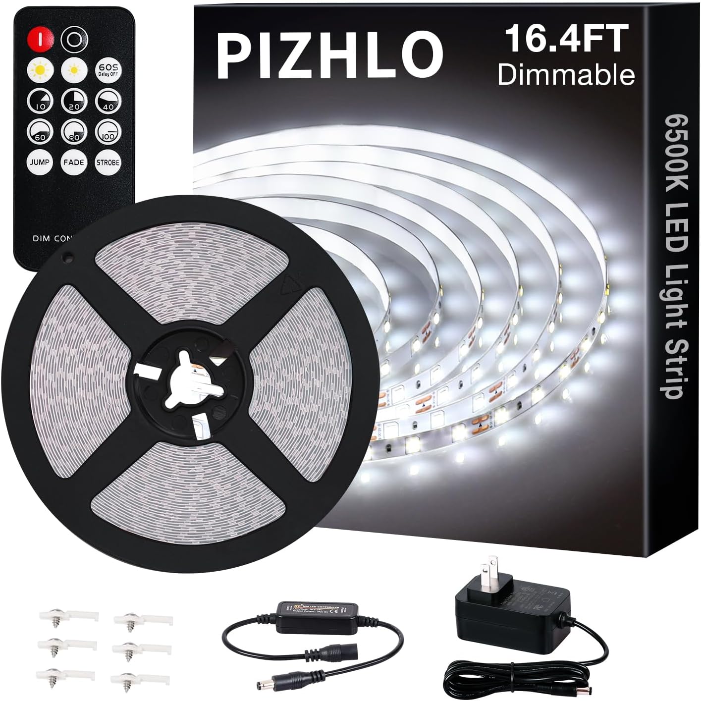 White LED Strip Lights, Upgraded 16.4ft Dimmable Light Strip with Remote 6500K Bright White light, 300 LEDs Flexible Lights with Strong Adhesive for Bedroom, Mirror, Kitchen Under Cabinet Decor