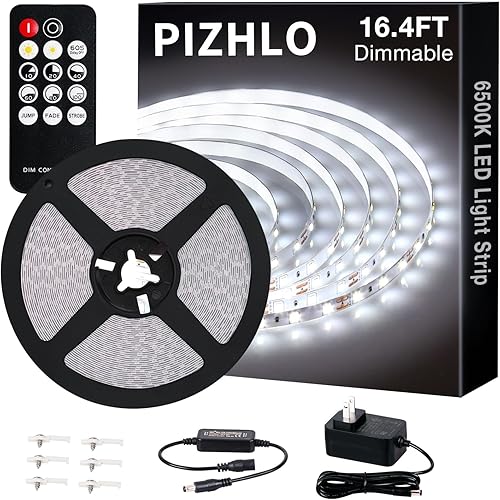 Tira de luces LED blancas, tira de luz regulable mejorada de 16.4 pies con control remoto de luz blanca brillante de 6500 K, 300 luces LED flexibles