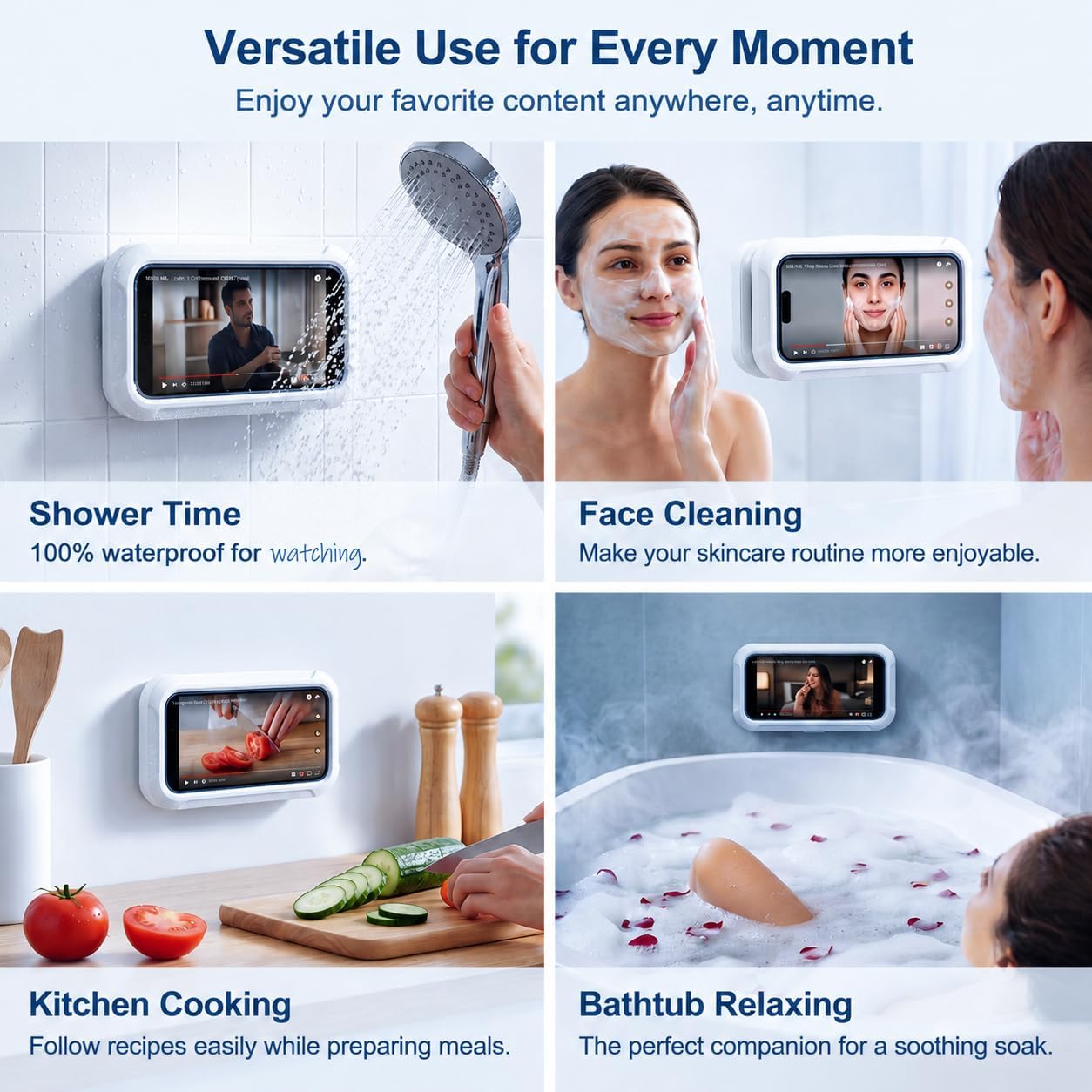 Shower Phone Holder Waterproof Anti Fog for 4-7" Phones | Touchscreen Compatible after Inserting, 480°Rotatable & Scalable , Horizontal/Vertical Screen, Bathroom Mirror Kitchen