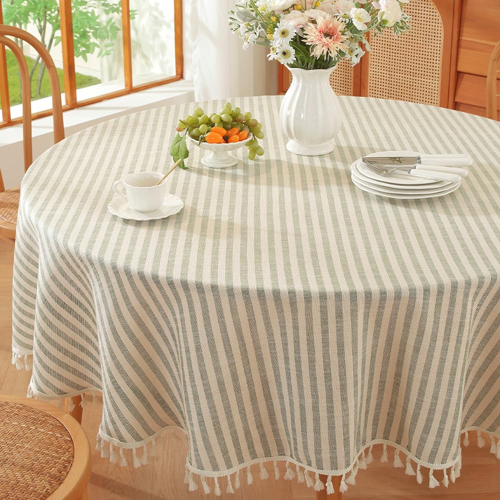 Plenmor Round Tablecloth Stripes Cotton Circular Table Cloth with Tassels for Round Table Round Table Cover for Coffee Picnic Outdoor (Round, 150cm, Green)