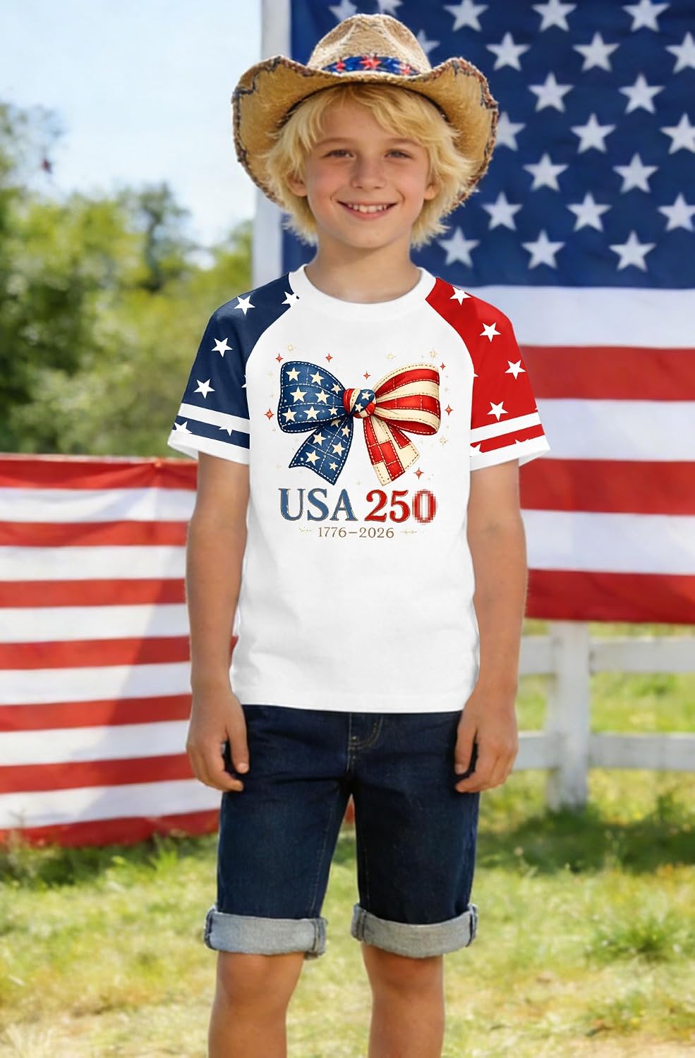 250 Years USA Shirt for Kids 1776 American Flag Graphic Shirt Boys Girls Patriotic Short Sleeve 4th of July Tee Top 4-13Y