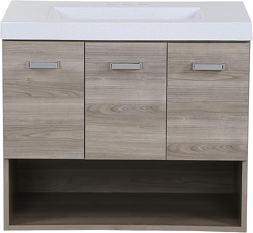 Miniatura 1 de Spring Mill Cabinets Inna - Tocador flotante de baño con armario de 2 puertas, cajón, estante abierto y parte superior blanca del fregadero, 30.5