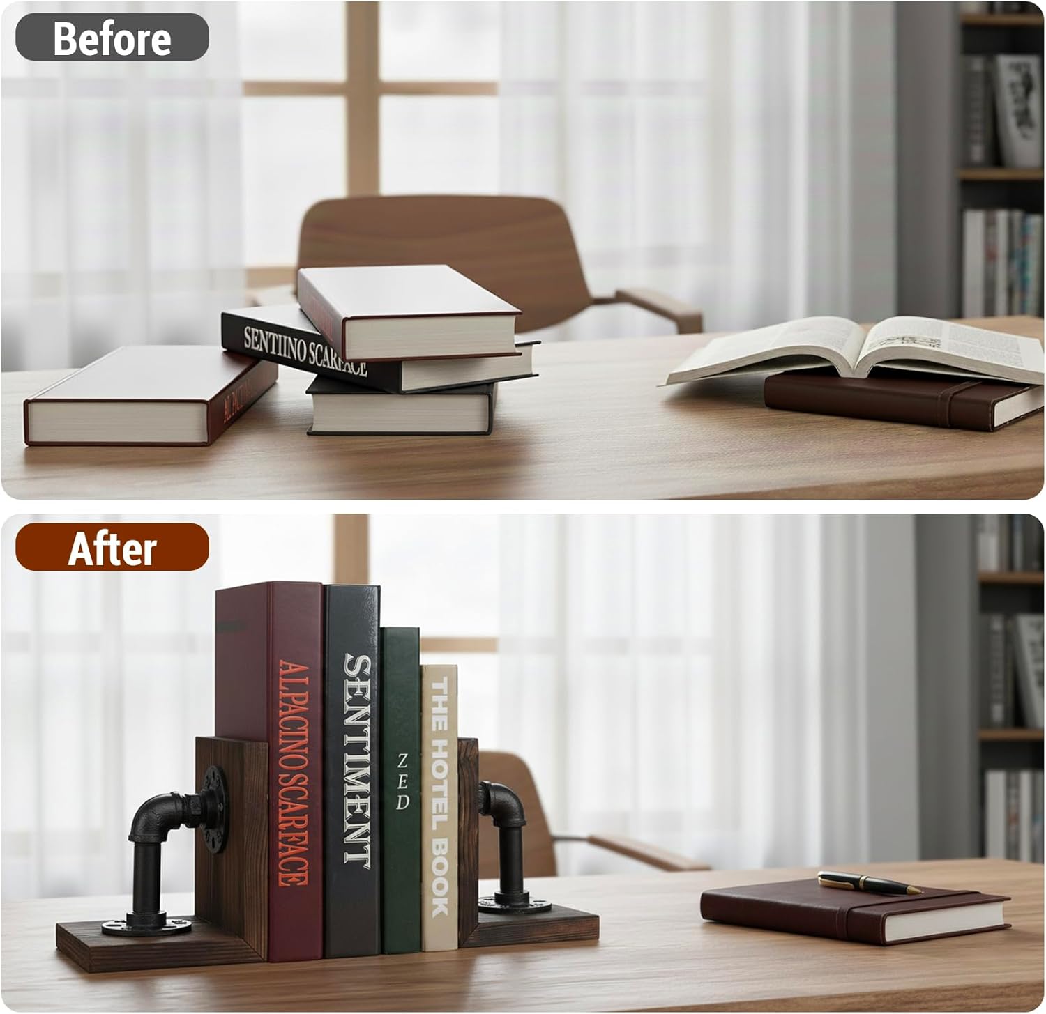 MyGift Book Ends Decorative, Bookends for Shelves, Metal Bookends for Heavy Books, Office Decor for Men, Wood Book Stopper, Realistic Industrial Pipe Design, Dark Brown