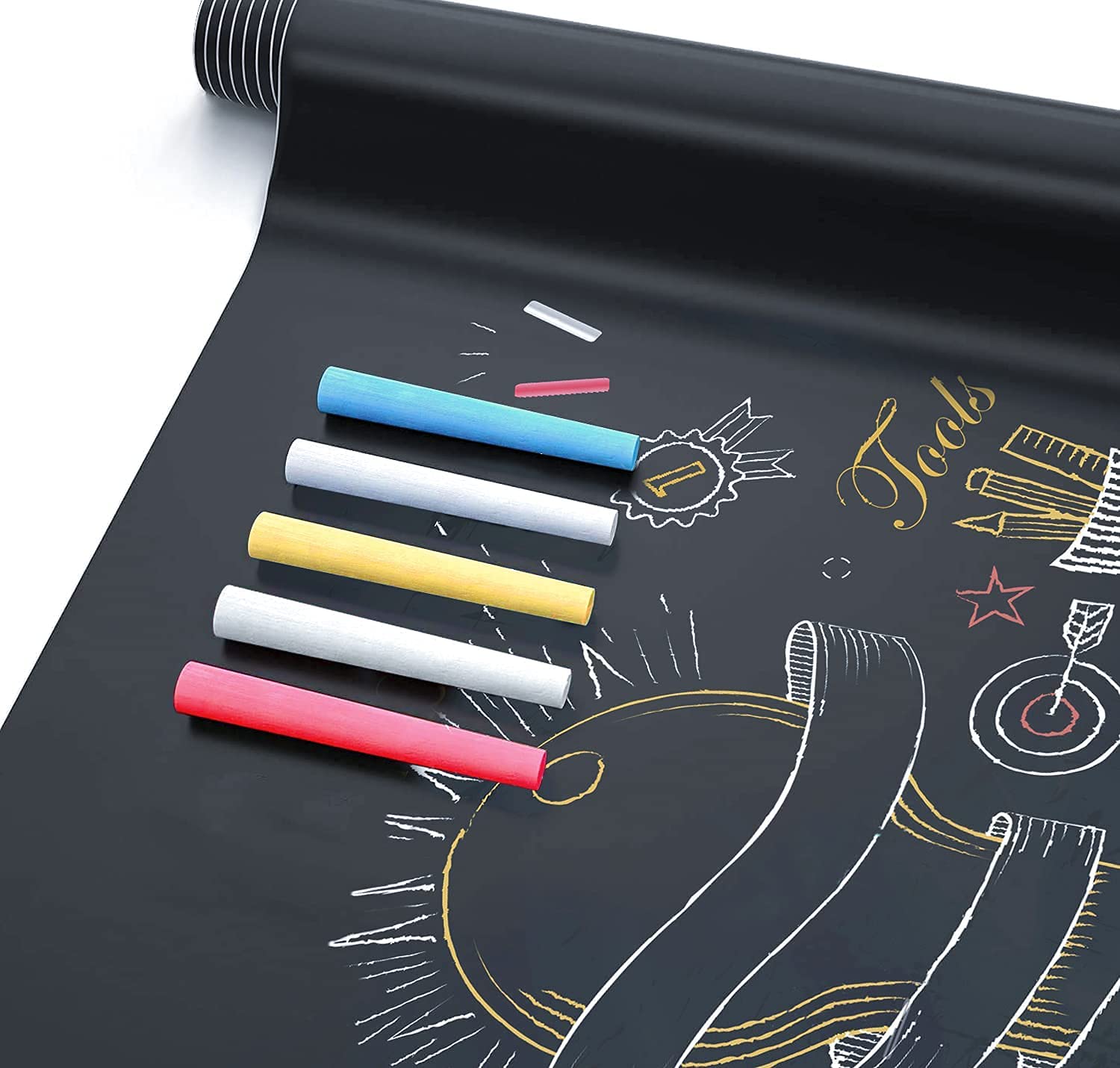 Black Board for Wall Sticker Peel and Stick Dry Erase Paper Office Board Stick on Black Board Self Stick Removable Wallpaper Homeworking 5 Colored Chalk for Home Office School, Black
