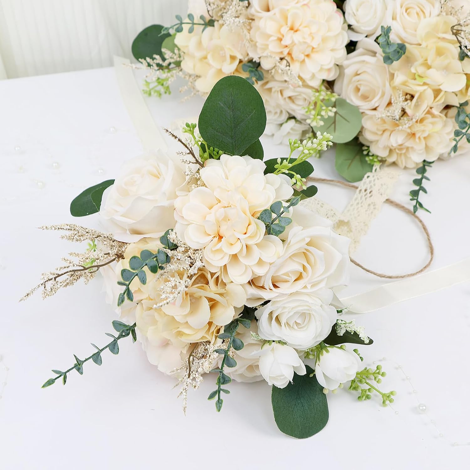 Boho Bridesmaid Bouquets for Wedding, 9 Inch Artificial Flowers Bouquets for Ceremony Anniversary Centerpieces Decorations, Roses - Beige