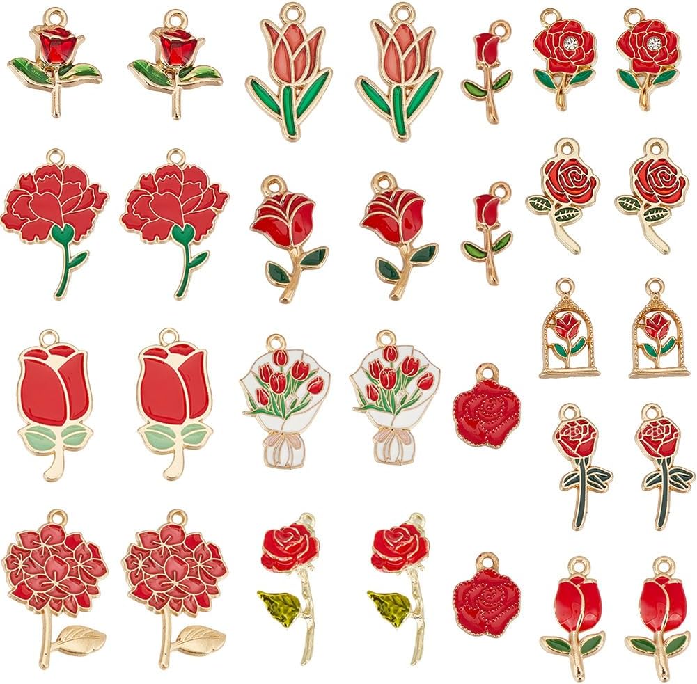 SUNNYCLUE 1 Box 30Pcs 15 Styles Red Enamel Charm Rose Charms Bulk Alloy Cute Spring Flower Valentines Charm for Jewelry Making Charms DIY Crafting Necklace Bracelet Earring Women Festival Gifts