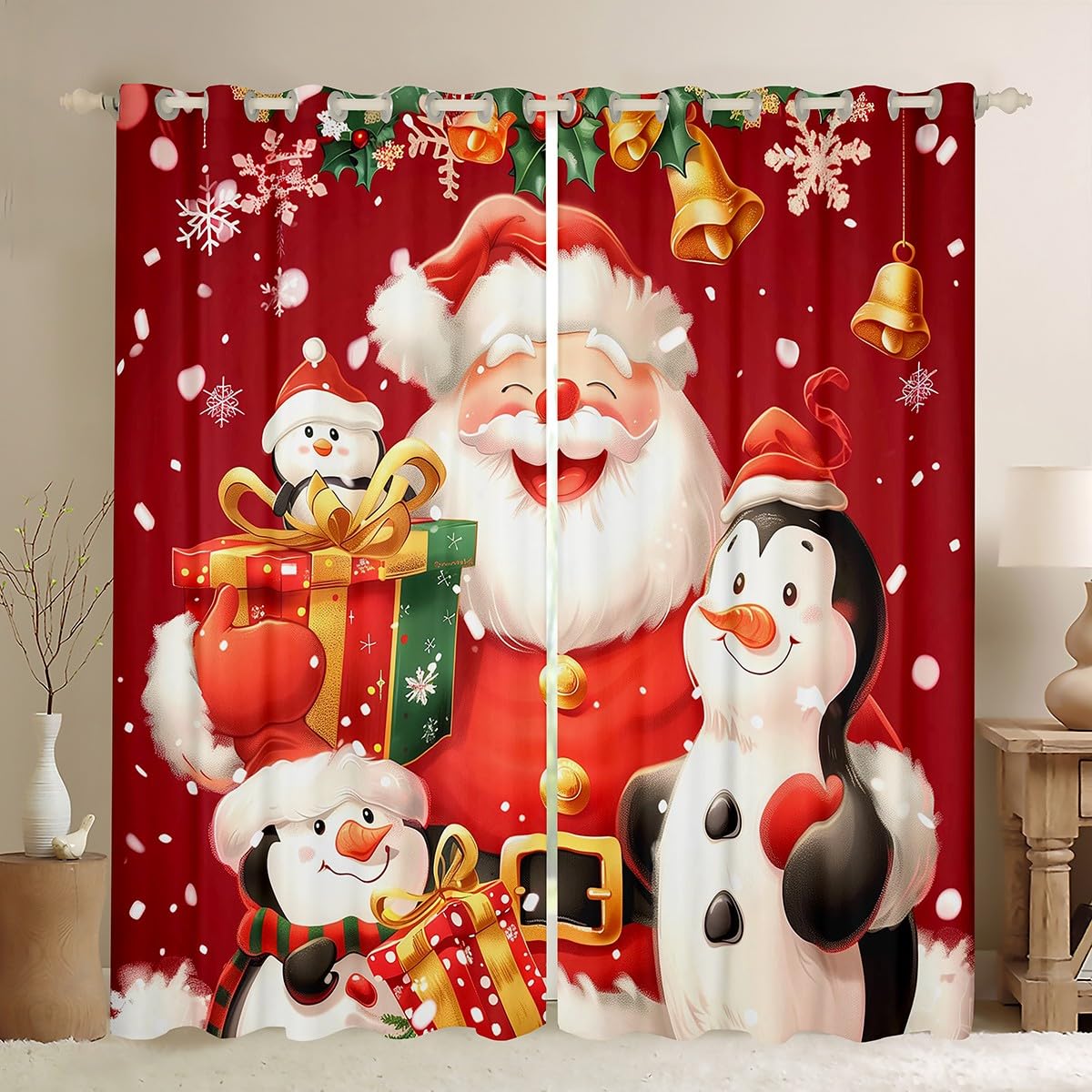 Cartoon Santa Claus Window Curtains Cute Penguin Curtain Merry Christmas Window Drapes for Kid Teens Boys Young Man Xmas Berry Leaves Bedroom Decorative,42Wx84L