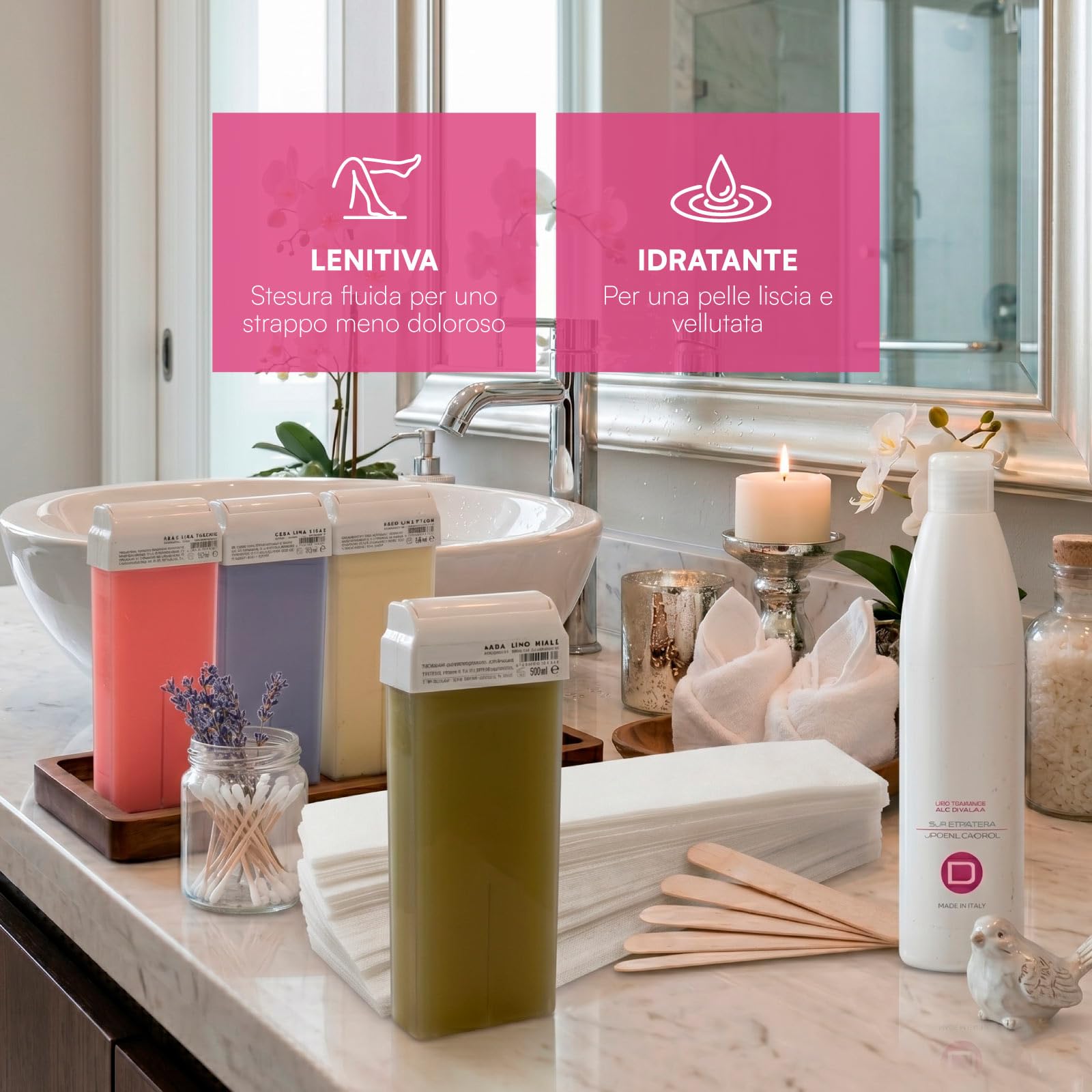 Kit Completo Ceretta Liposolubile Roll-On al Miele, Talco, Ossido di Zinco e Biossido di Titanio + Scalda Cera a Rullo + Dopocera Olio di Argan + Spatole in Legno + Strisce Depilatorie - Set da 12