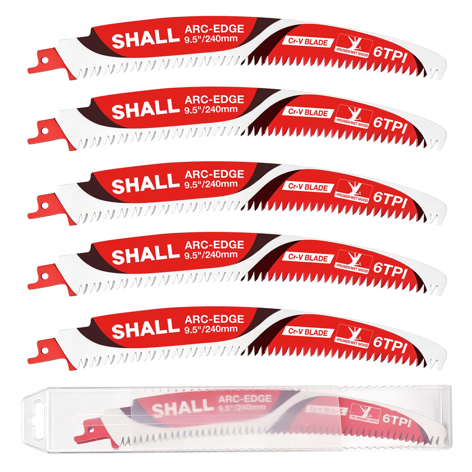 SHALL 5-Pack 240mm(9.5") Japanese Teeth Reciprocating Saw Blade Set,6TPI Wood Pruning Saw Blades, for Tree Pruning, for Wood, and PVC Plastic