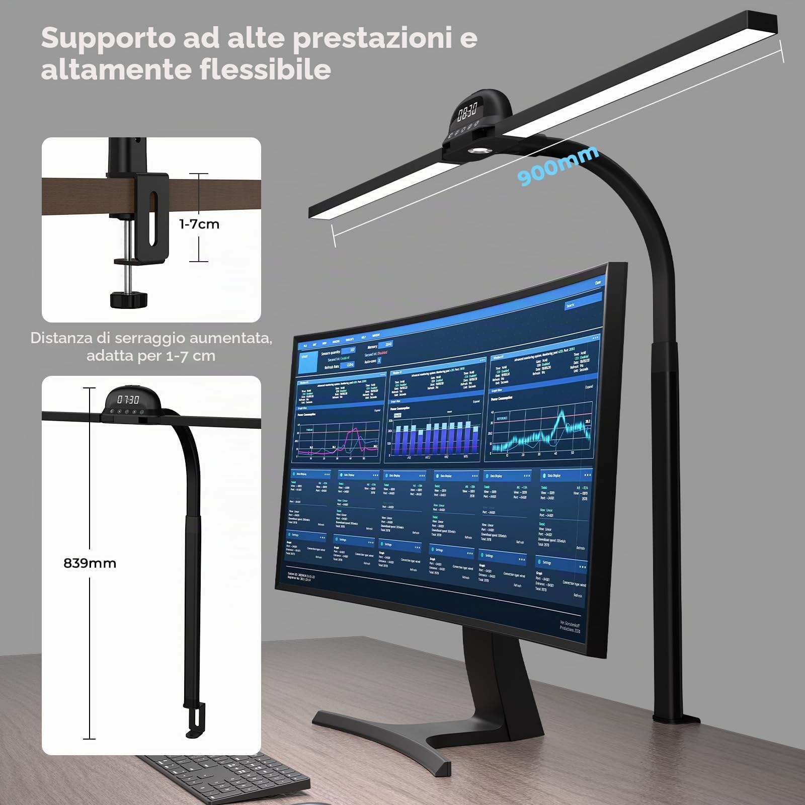 Lampada da tavolo LED da scrivania con morsetto, 90 cm, CRI≥95, 3100 K-7600 K, regolabile, luce diurna, doppia testa, lampada da scrivania, lampada da lettura, monitor con telecomando