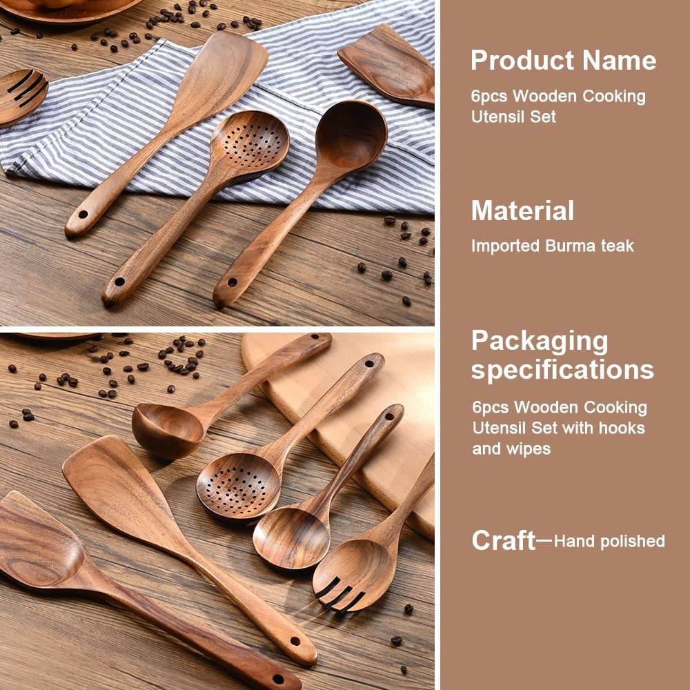 Lot de 10 ustensiles de cuisine en bois de teck naturel avec porte-serviettes, cuillères et spatules