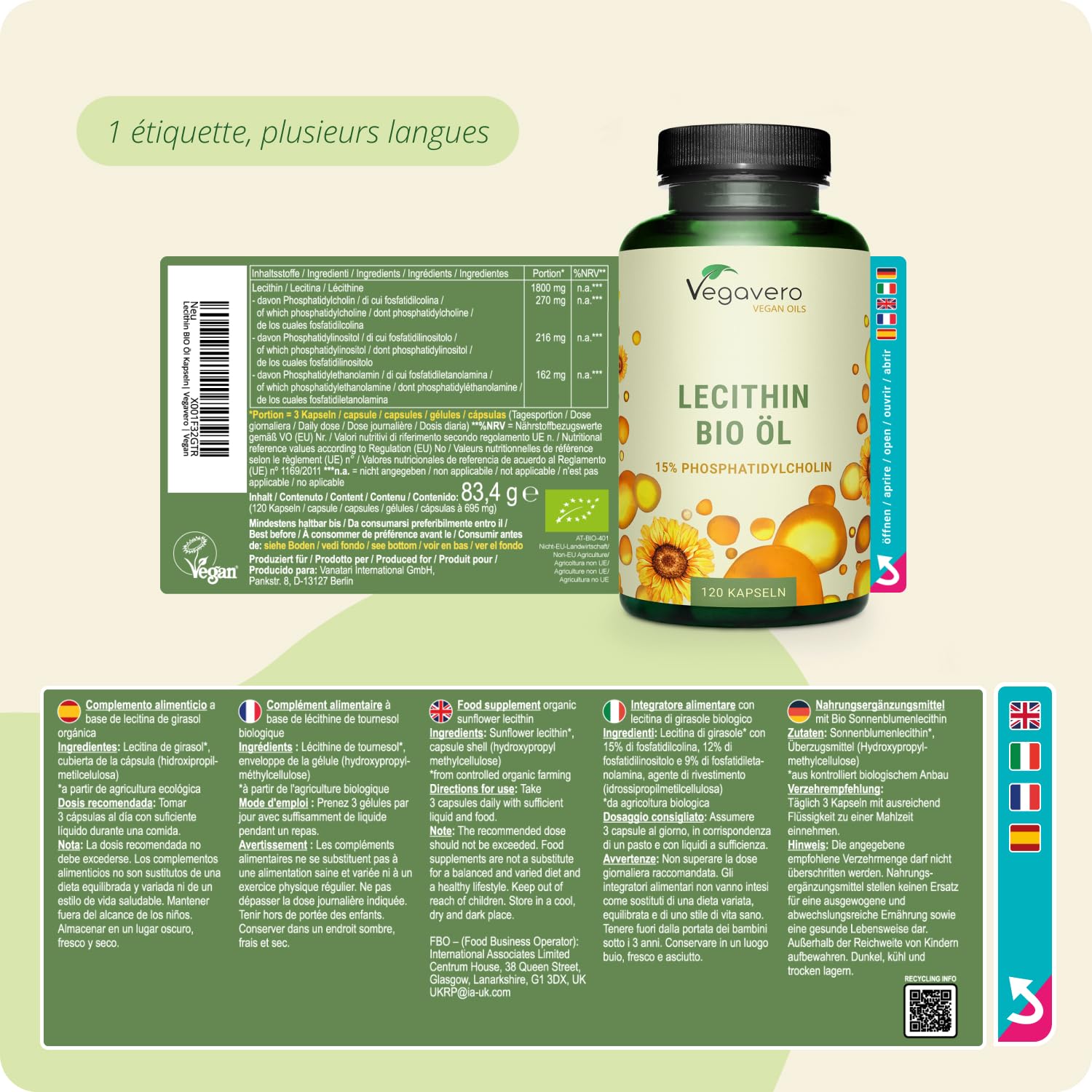 Lécithine de Tournesol 1800 mg | BIO et VEGAN | 120 Gélules | Qualité Supérieure : Sans Additifs ni OGM | Vegavero®