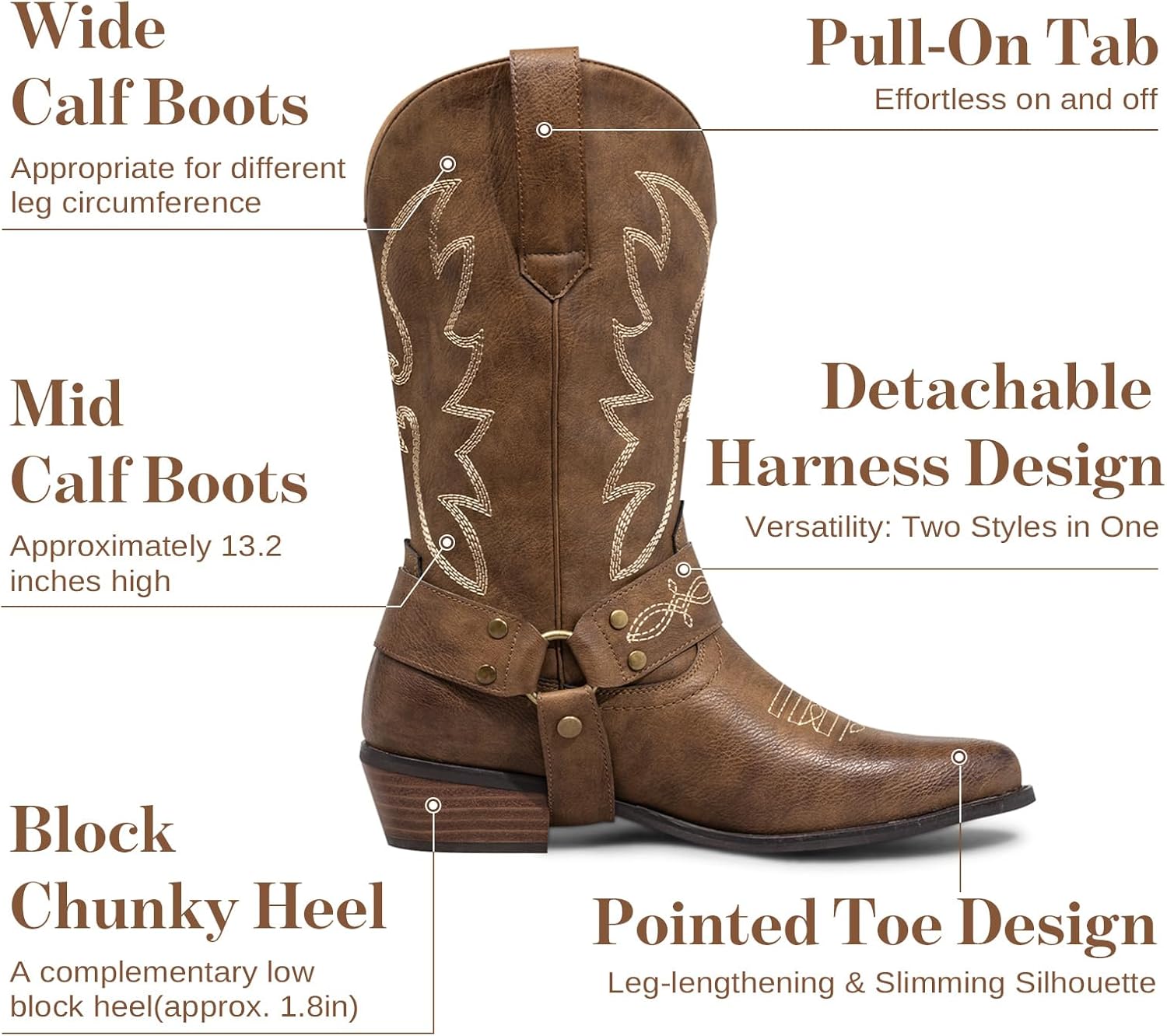 SheSole Cowboy Boots for Women Western Cowgirl Boots Mid Wide Calf Fashion Pointed Toe Harness Boots with Embroidery Chunky Heel