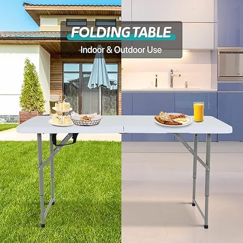 Miniatura 6 de Dkelincs Mesa plegable portátil de 4 pies, mesa de picnic de plástico, altura ajustable, resistente, plegable por la mitad con asa y patas de acero