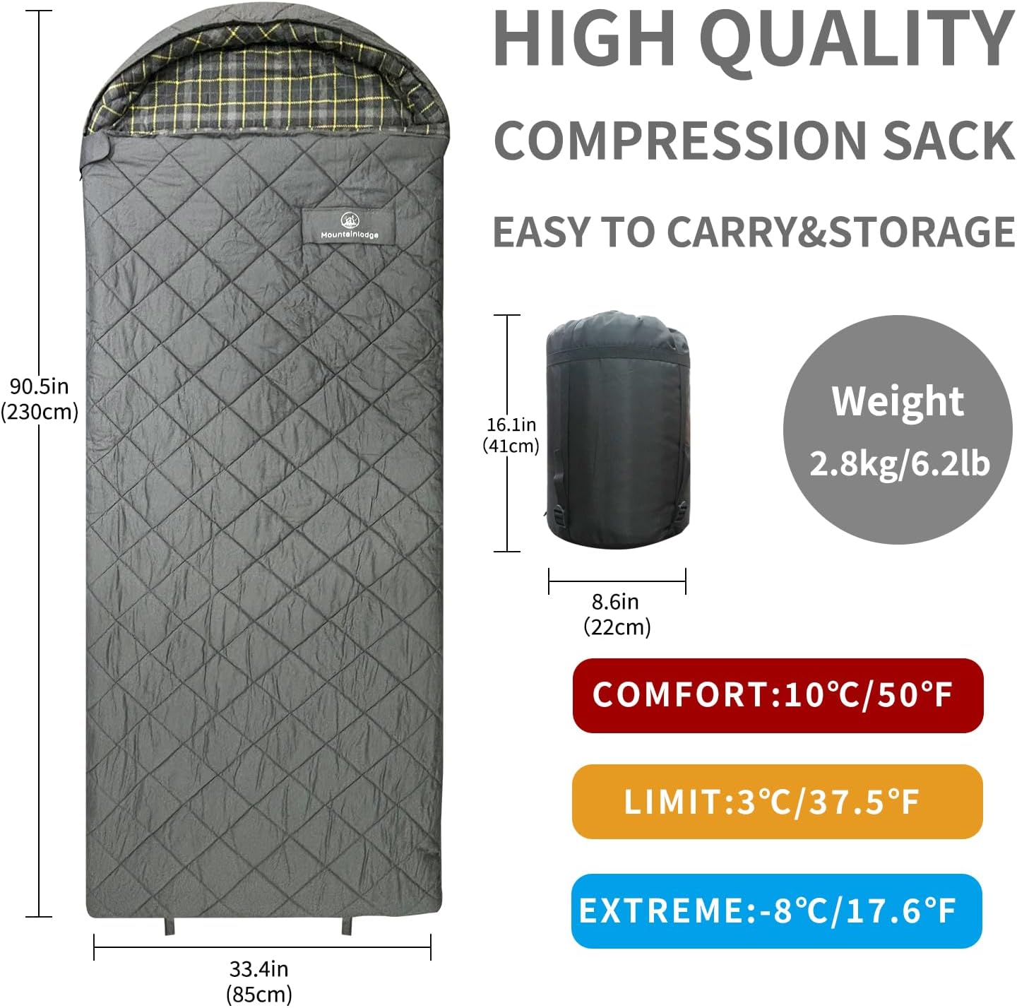 Mountainlodge 100% Cotton Shell and Lining Sleeping Bag for Adult Cold Weather with Compression Bag&Carry Bag for Camping,Travel and Car Camping