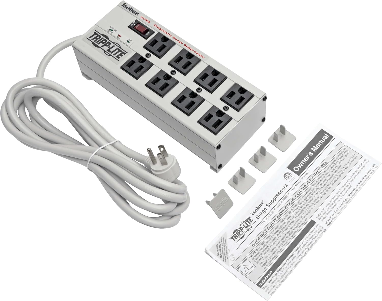 Tripp Lite Isobar 8 Outlet Surge Protector Power Strip, 25ft Long Cord, Right-Angle Plug, Metal, & $50,000 Insurance (ISOBAR825ULTRA) Gray