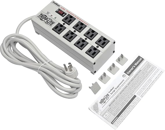 Tripp Lite Isobar 8 Outlet Surge Protector Power Strip, 25ft Long Cord, Right-Angle Plug, Metal, $50,000 Insurance (ISOBAR825ULTRA) Gray