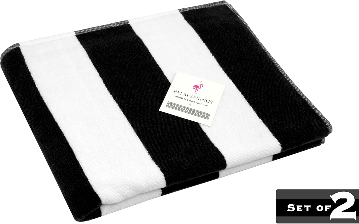 COTTON CRAFT Pool Lounge Chair Cover - 2 Pack - Chaise Spa Beach Chair Towel Cover - Cabana Stripe - Soft 100% Ringspun Terry Cotton - Oversized 32 inch Wide x 82 inch Long with 7 inch Pocket – Black