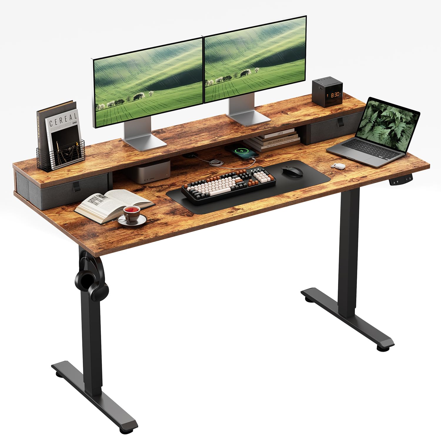 Klicelor Height-Adjustable Desk with Double Drawers, Electric Height-Adjustable Desk, Sit-Stand Computer Desk, Ergonomic Standing Desk, 100 x 60 cm, Brown