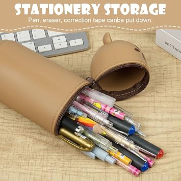 Vicloon Pencil Case, Bear Pencil Case in Soft Silicone, 2 in 1 Silicone Pouches Big Capacity Pencil Case and Desk Pen Holder, Retractable Capacity, Zipper Closure (Brown)
