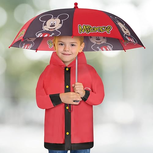 Miniatura 2 de Disney Conjunto de paraguas y poncho para niños, ropa de lluvia de Mickey Mouse para niños de 2 a 3 años o niños de 4 a 7 años, Rojo -