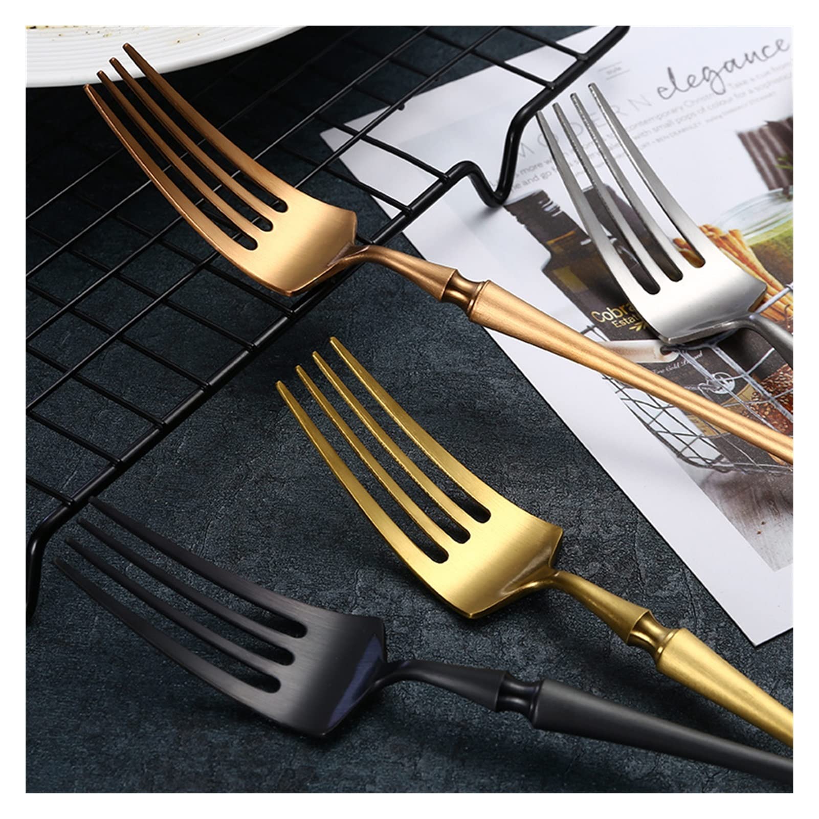 Genérico Juego De Cubiertos De Acero Inoxidable 18/10, Cubiertos Pulidos con Espejo Dorado, Cubiertos Duraderos Y Resistentes A La Corrosión, Aptos para Lavavajillas para Banquetes En Casa