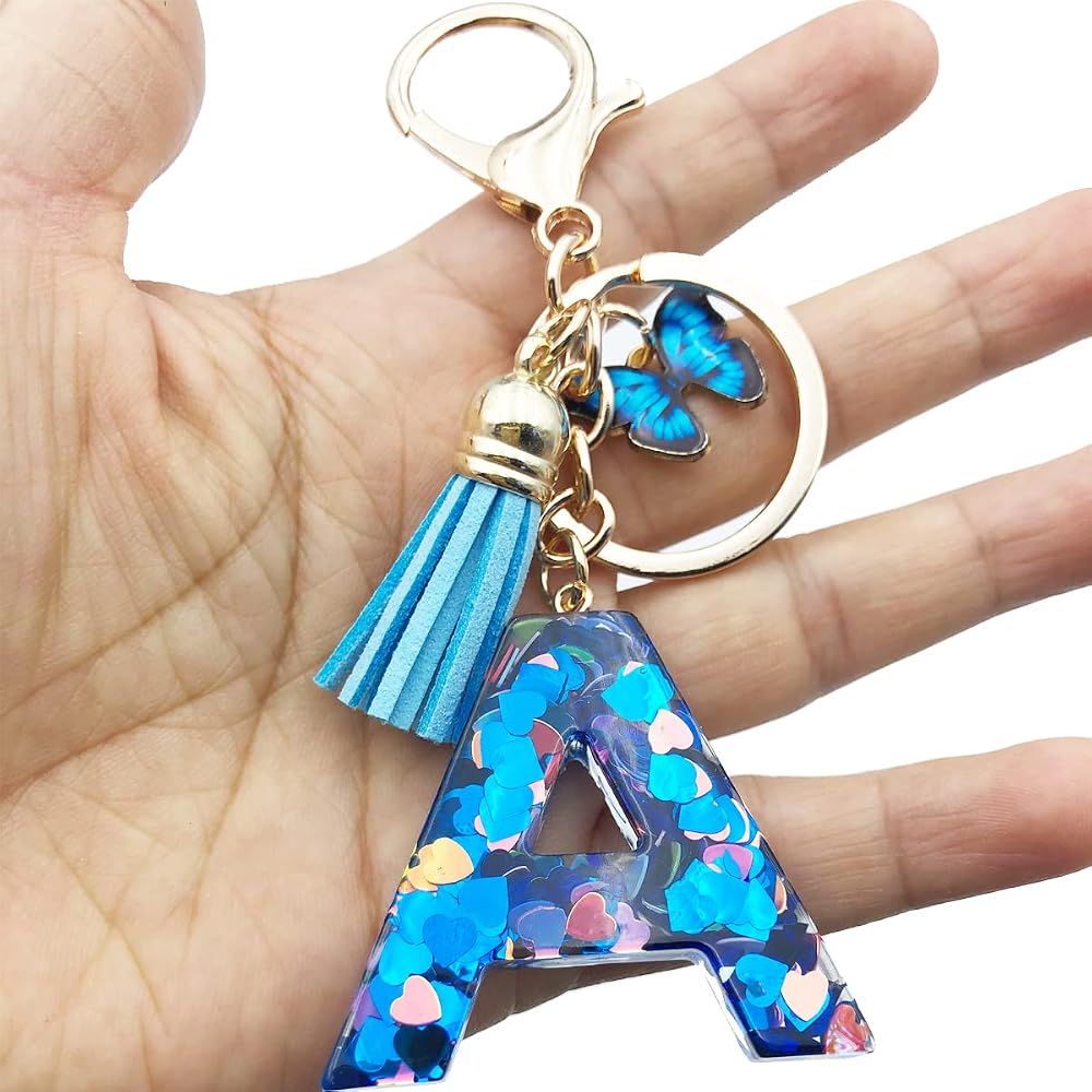 Xsclpomddy Portachiavi a forma di lettera dell'alfabeto delle ragazze portachiavi carino portachiavi glitter con farfalla nappe resina blu portachiavi per borsa fascino, a, Taglia unica