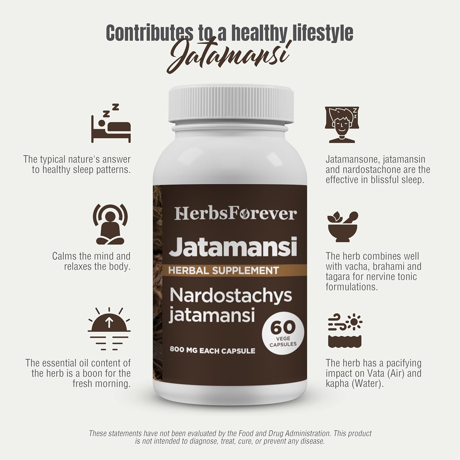 Herbsforever Jatamansi Capsules | Nardostachys Jatamansi | Premium Herbal Supplement for Relaxation, Hair Care, and Wellness | 60 Vegan Capsules, 800 Mg Each