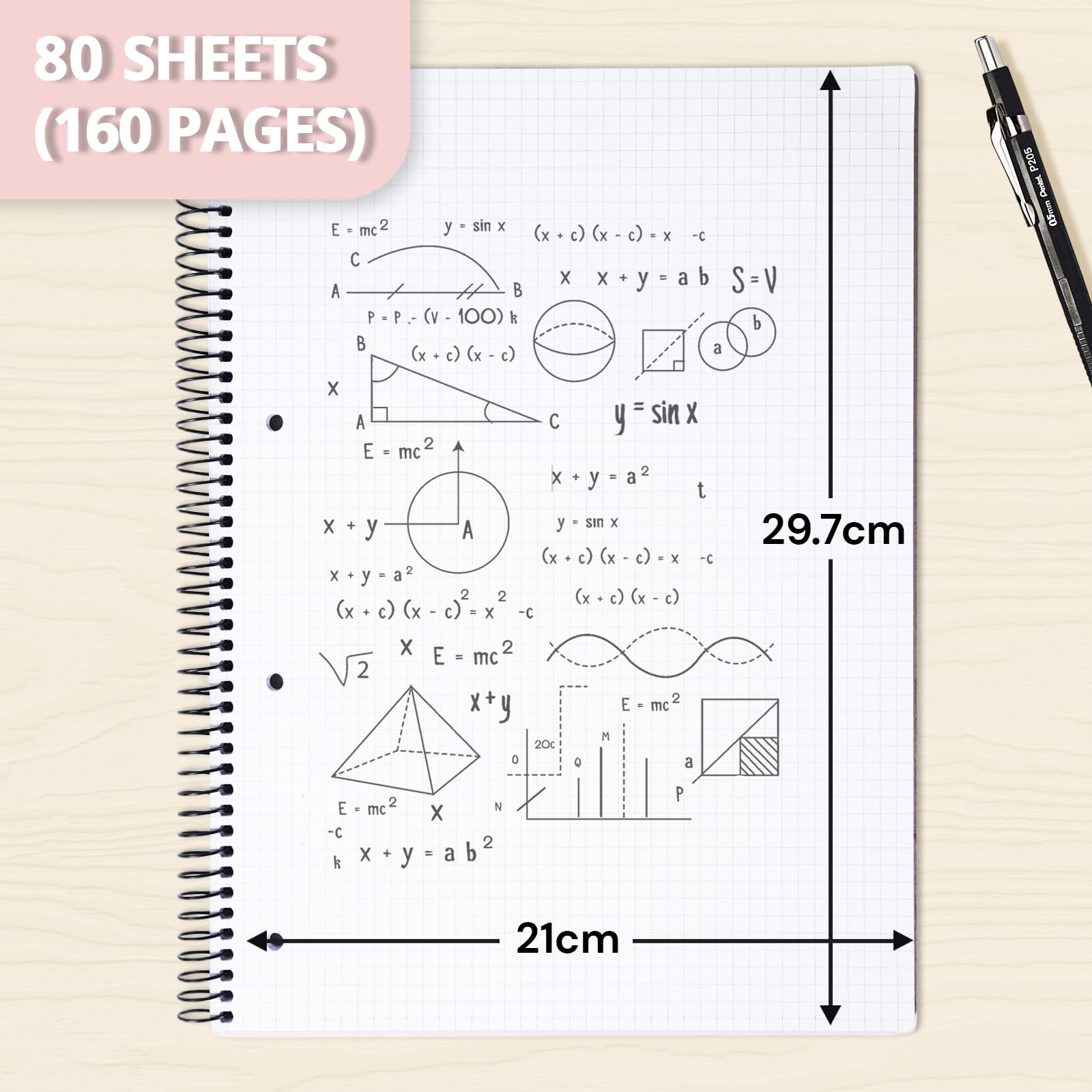 ONAVIA Pack 6 Cuadernos de Cuadrícula A4, 80 Hojas Papel 90g/m², Negro | Cuadrícula 5 mm con Espiral, 4 Perforaciones, Libreta para Matemáticas, Ingeniería, Repasos y Planificación Diaria