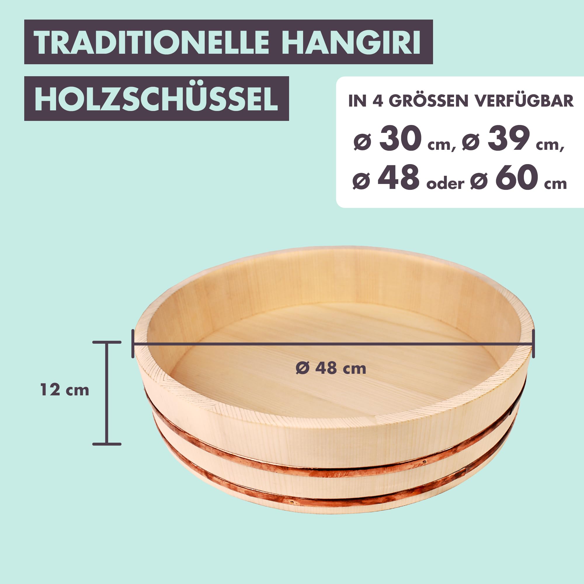 Reishunger Hangiri Holzschüssel für Profis (Durchmesser 48 cm) - Zur Veredlung von Sushi Reis - erhältlich in 30 cm bis 60 cm