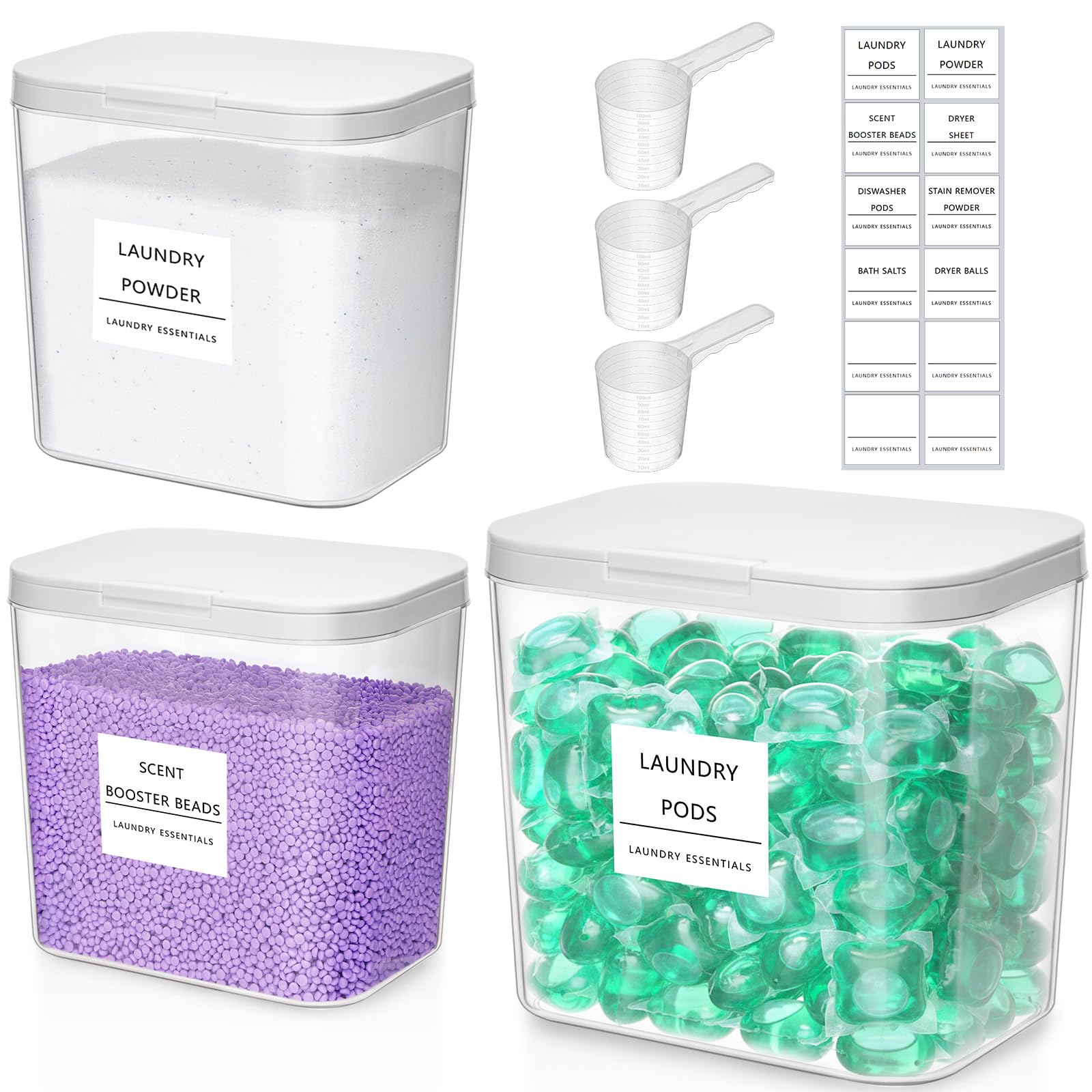 Lifewit Rangement Lessive Liquide en Capsules avec étiquettes et Cuillères, Récipient pour Poudre à Lessive avec Couvercle à Pression, Boîtes et Flacons de Salle de Bain, 2700 ml ×2+4500 ml, 3 Pièces