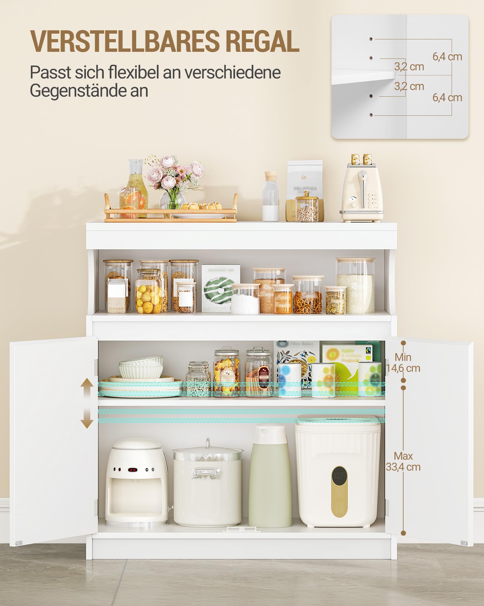 Hzuaneri Sideboard, Küchenschrank mit 2 Türen, Buffetschrank mit Offener Fläche, Aufbewahrungsmöbel, verstellbare Einlegeböden, Küche, Wohnzimmer, 40 x 80 x 85 cm, Weiß SC80003X