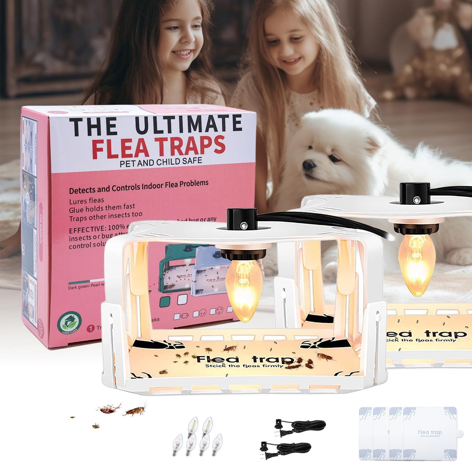 Flea Traps for Indoor Your House with Light, 2 Packs, Flea Light Trap for Indoor Bed Bugs, Insect Killer, Pest Control, Sticky Natural Trapper