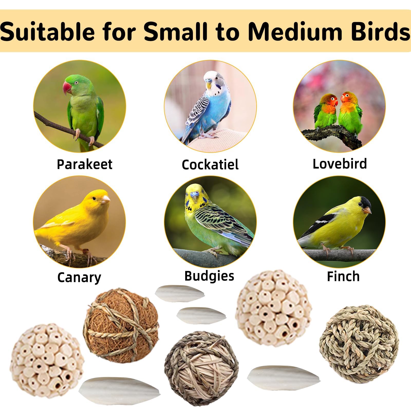 Bird Toys Sola Balls - Juguetes para periquitos con bolas de hierba suave natural para masticar loros, conures, conejos, hámster, cobayas, chinchilla. (Estilo 2, 18 piezas)
