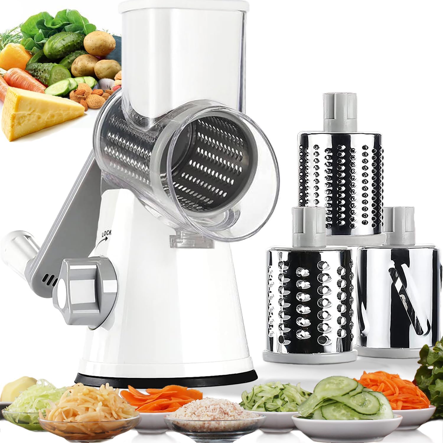 Handheld Rotary Cheese Grater Shredder- 3 Interchangeable Stainless Steel Drum Blades Manual Round Mandolin Vegetable Slicer Nut Grinder with Upgraded Strong Suction Base & Free Sharp Peeler, White