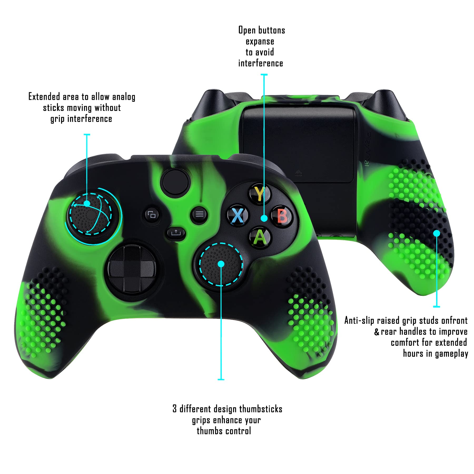 eXtremeRate PlayVital 3D Studded Edition Anti-Slip Silicone Cover Skin for Xbox Series X Controller, Soft Rubber Case Protector for Xbox Series S Controller with Black Thumb Grip Caps - Green & Black - 3