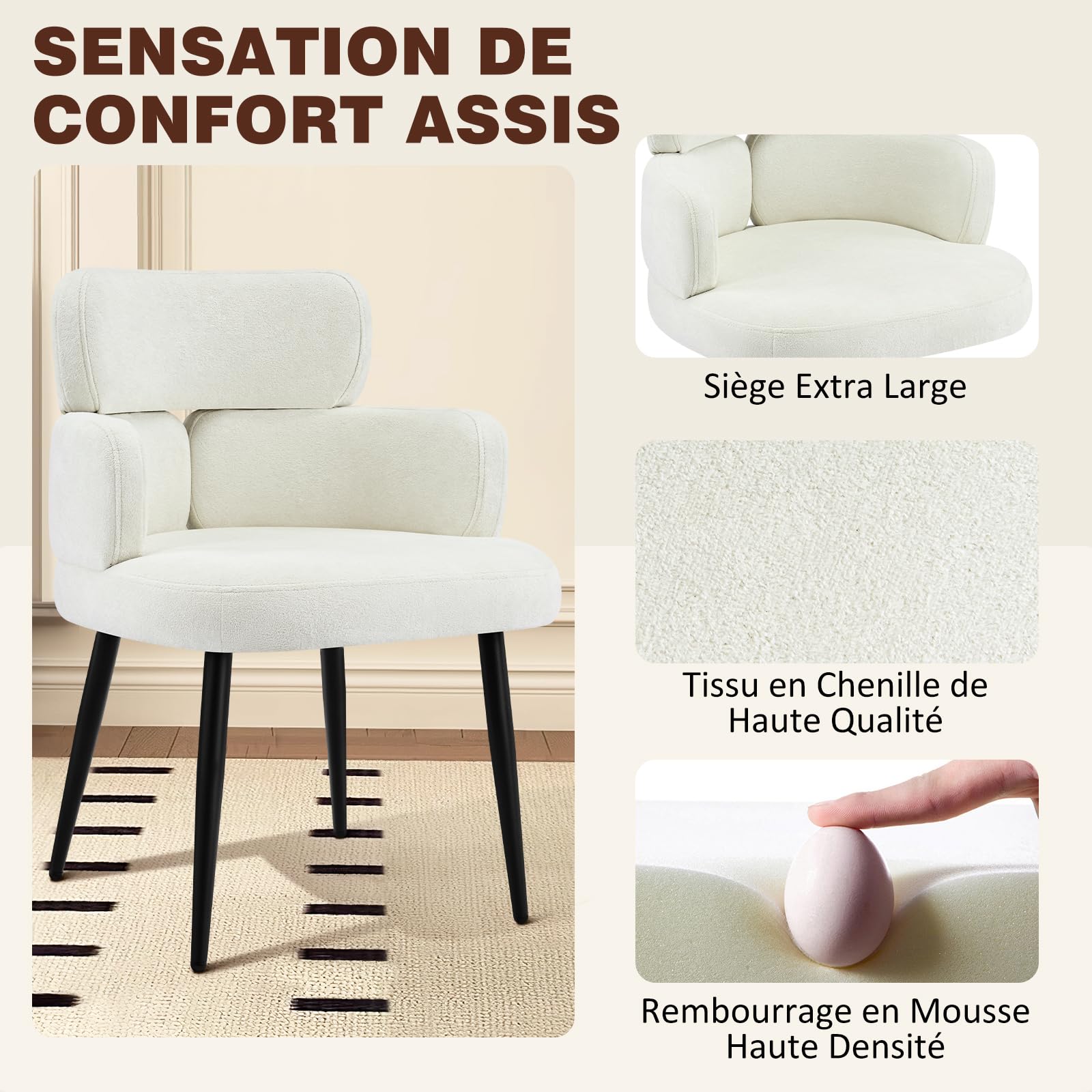 Hellove Chaise Salle a Manger Beige Lot de 1, Chaise de Cuisine avec Accoudoirs, Fauteuil Salon à Pieds croisés Rembourrée, Moderne Dining Chair avec Pied en Métal pour Chambre Cuisine Coiffeuse