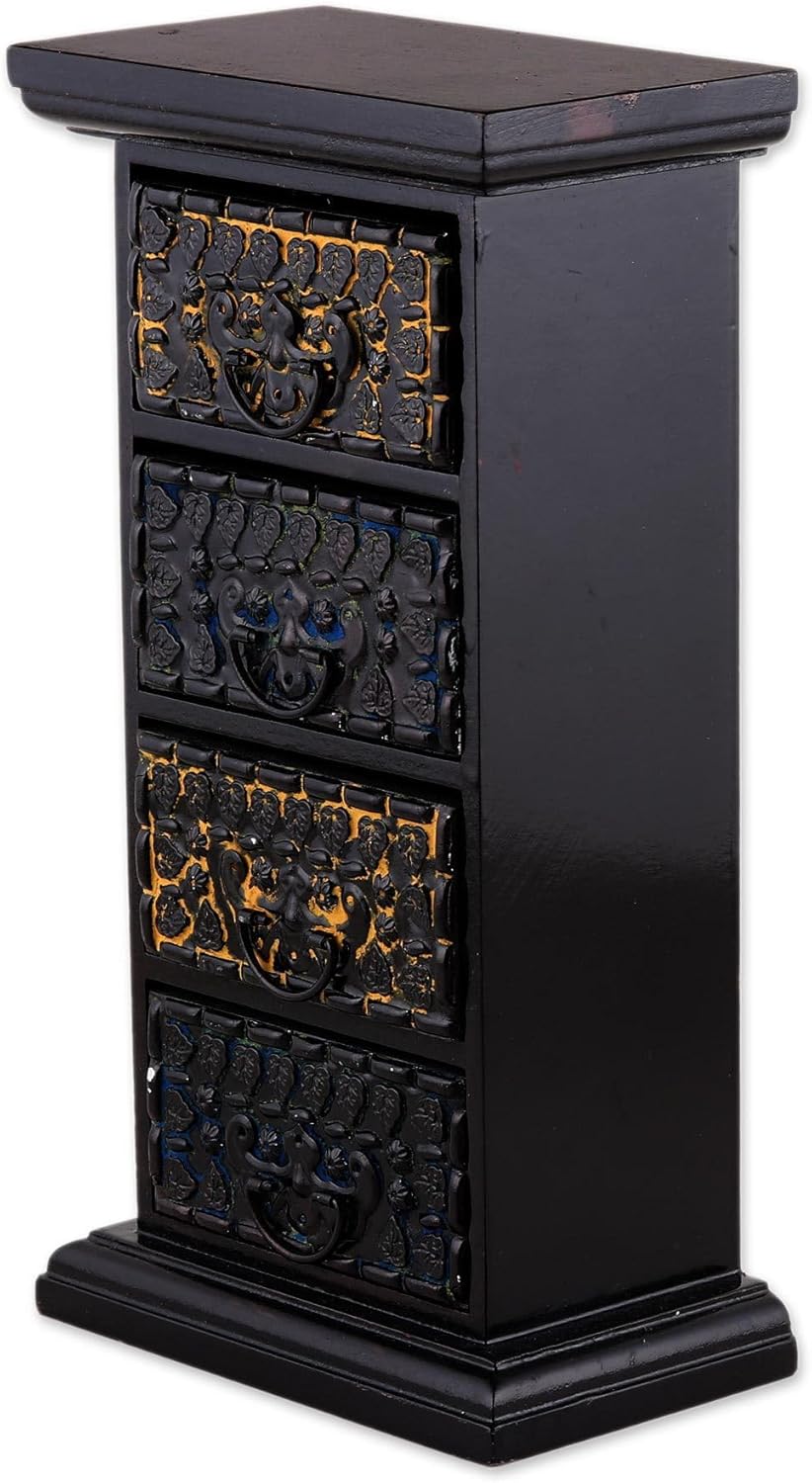 NOVICA Artisan Handmade Wood Aluminum Mini Chest of Drawers Fourdrawer Floral Repousse Yellow Brown Blue India Decor Accessories Decorative Boxes [9.75in H x 5.25in W x 3.1in D] ' Pretty Petals'