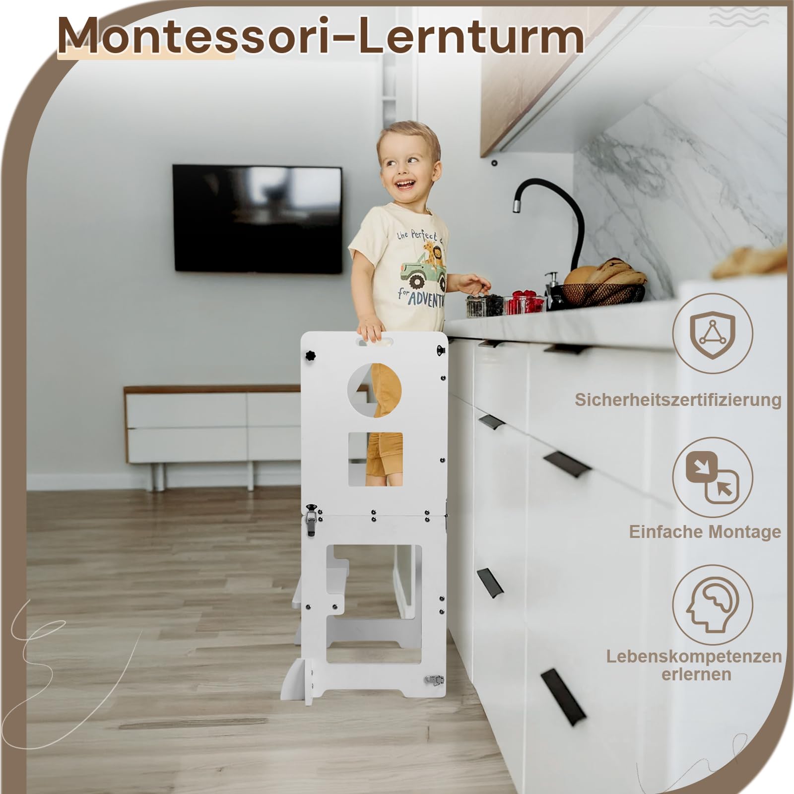 LEADZM Lernturm ab 1 Jahr，Lernturm Klappbar，Montessori Spielzeug ab 1 Küche | Jahr，Learning Tower，für Tisch Bad(Weiß