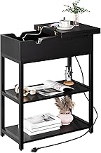 ODIKA Narrow End Table with Built in Power Outlet with 2 Standard Plugs and 2 USB Plugs, End Table with Storage, Flip Top End Table