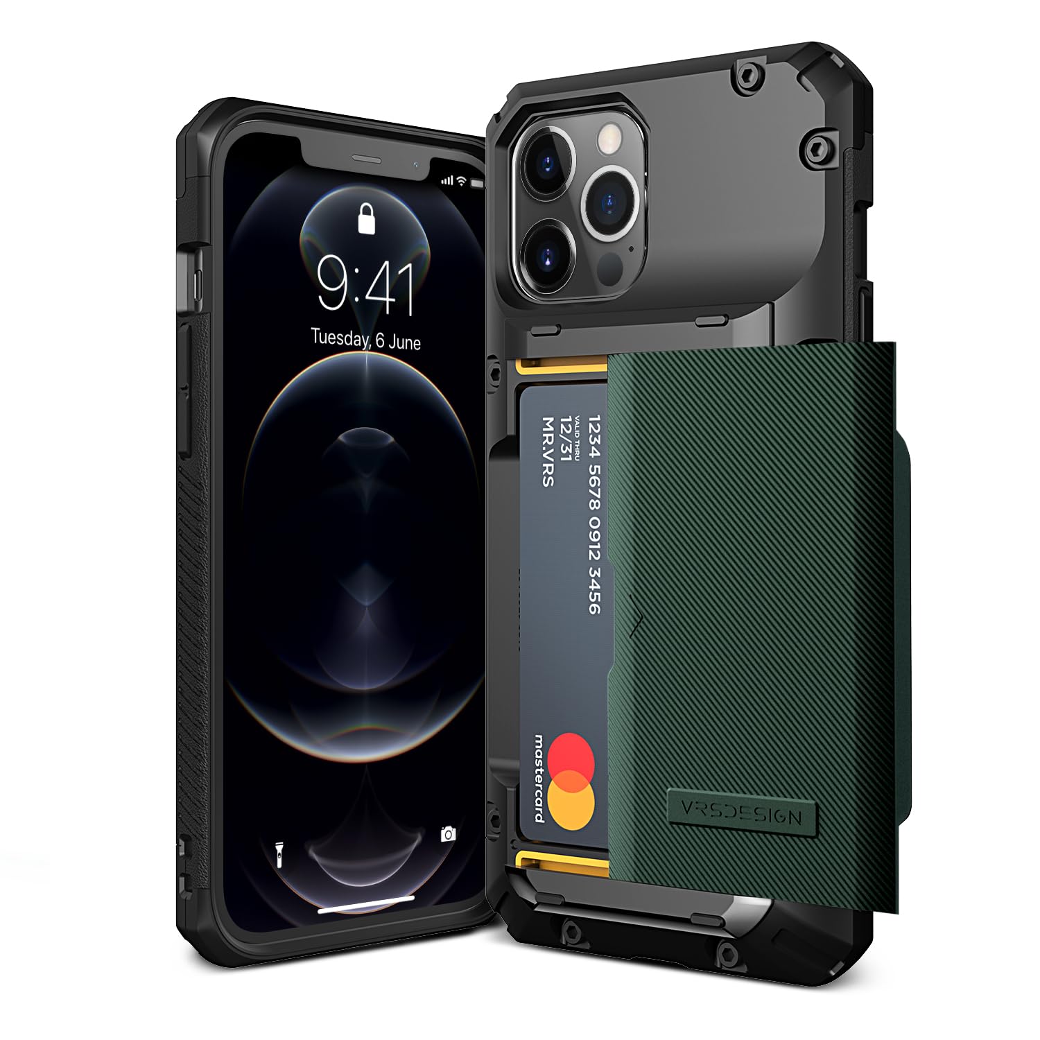 VRS DESIGNDamda Glide Pro Phone Case for iPhone 12 Pro Max, with [4 Cards] Premium Sturdy [Semi Auto] Credit Card Holder Slot Wallet for iPhone 12 Pro Max 6.7 inch(2020) Metallic Green