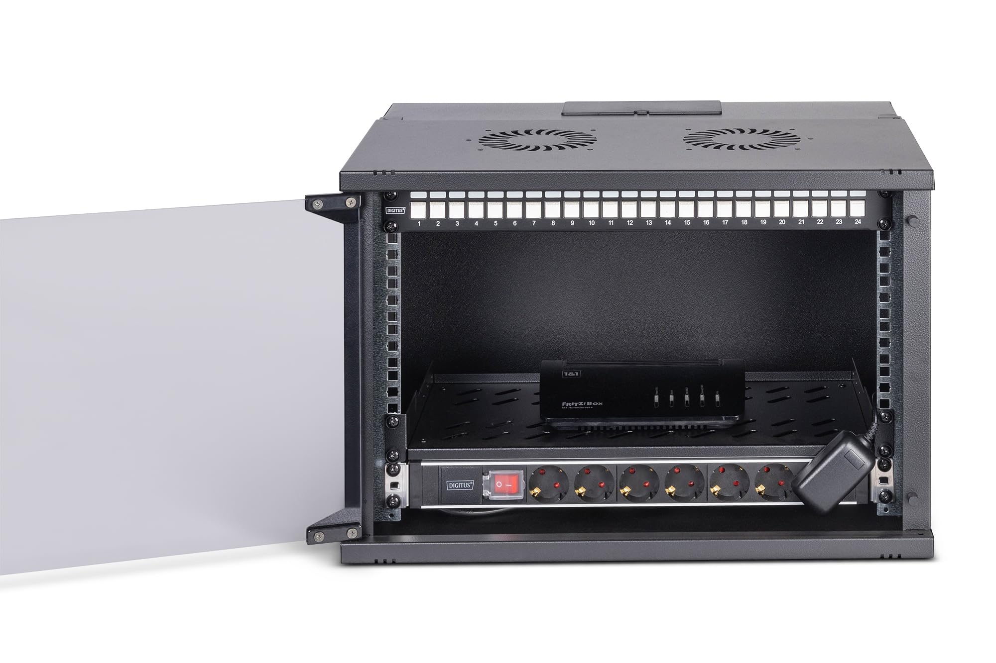 DIGITUS 19 Zoll Netzwerk-Set – 7HE – unmontiert – SOHO PRO – Schwarz | Netzwerkschrank – Steckdosenleiste – 1HE Fachboden – 24-Port Patch Panel – 24 Keystone Module – 30 Patchkabel