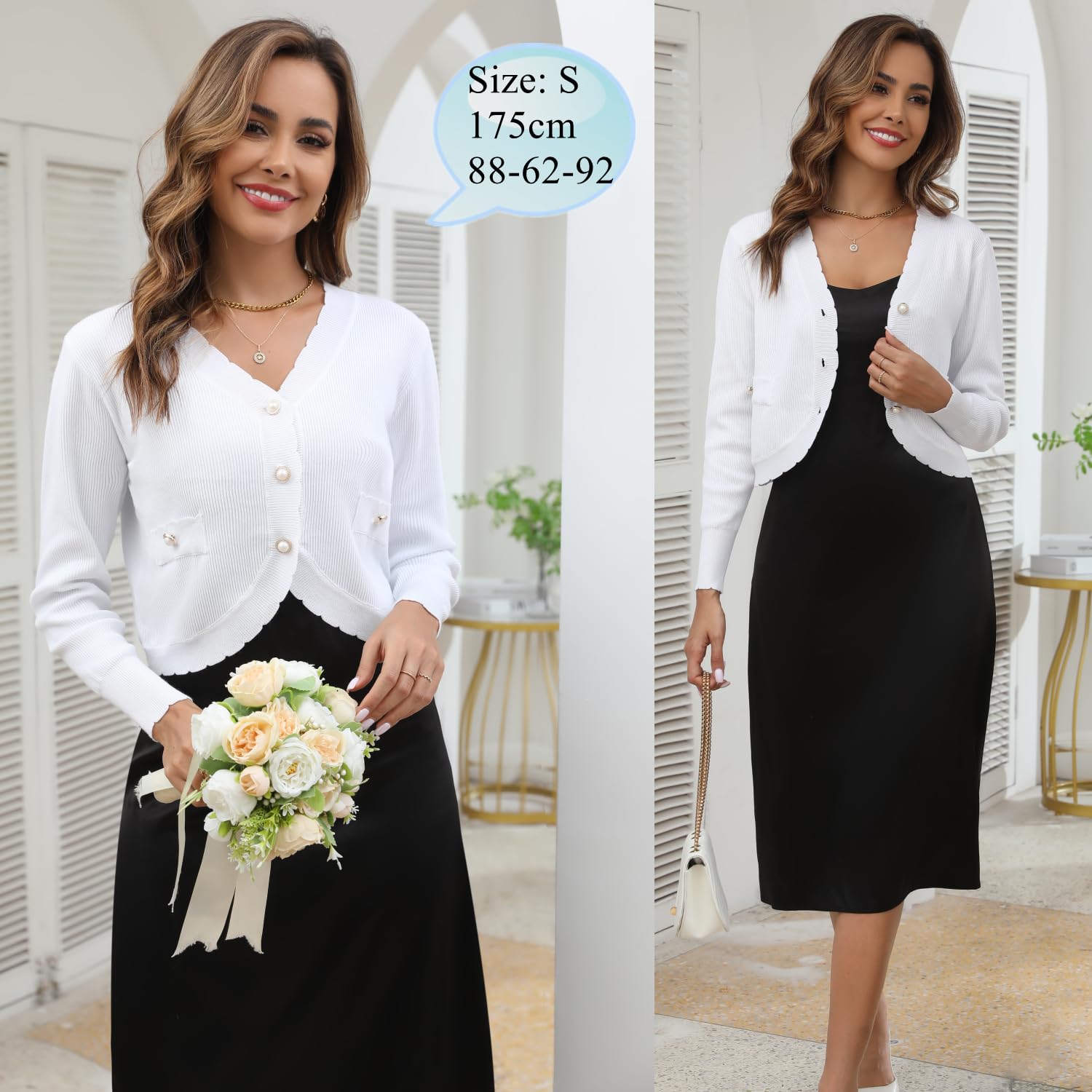 Boléro Femme Cardigan Court Gilet Veste Tricot Bouton Manches Longues pour Robe T Shirt Bretelle Chic Elégante Soirée Fête Décontracté