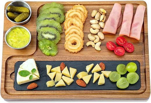 Wooden Slate Serving Board Charcuterie Boards with 2 Bowls, 100% Solid Acacia Wood Cheese Board Serving Plate Tray Platter for Bridal Shower Gifts Wedding Gifts Housewarming