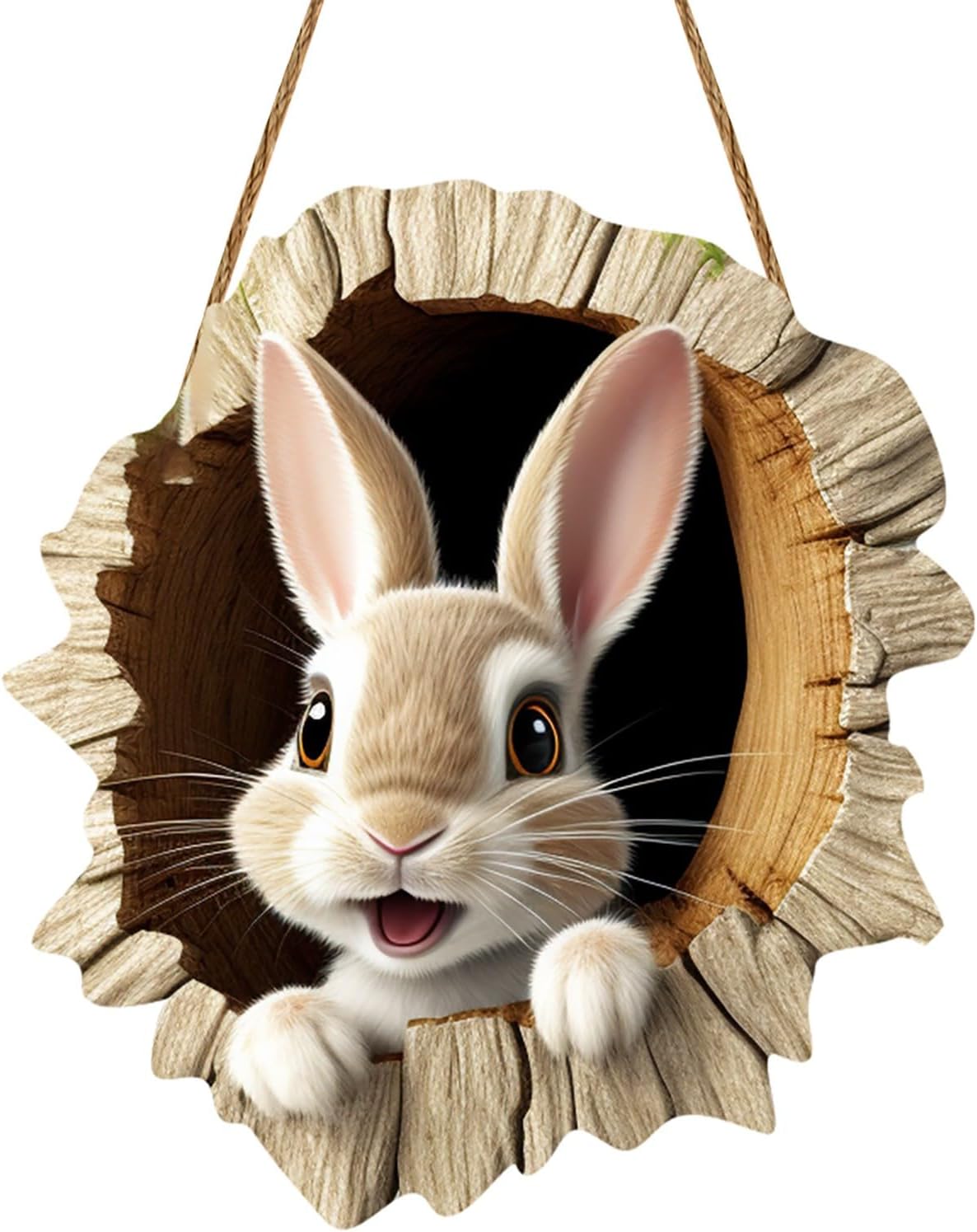 Bunny Easter Decorations, Wooden Rabbit Climbing Tree Hole Pendant, Cute Funny Bunny Ornament for Party Home Indoor Outdoor Spring Easter (01)