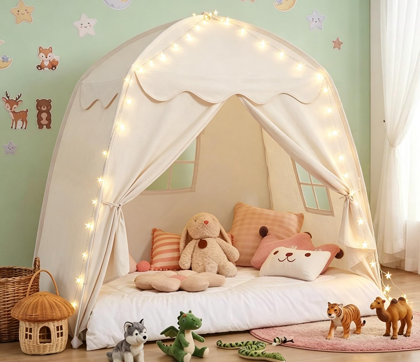 Akiky Large Teepee Tent for Kids with Lights Portable Bed Canopy Tent Foldable Teepee Canopy Playhouse Inside Canopy Bed for Playroom(Natural)