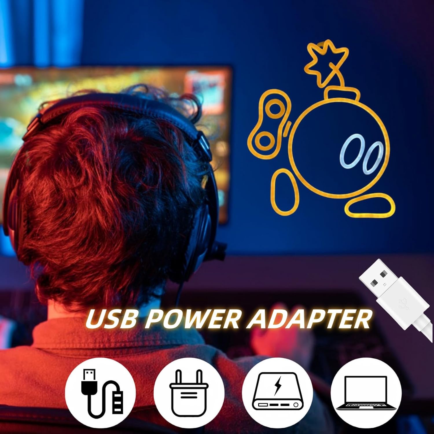 Cute Walking Bomb LED Neon Light Sign Acrylic Anime Neon Sign USB for Home Kids Bedroom Gaming Room Wall Decor Cartoon LED Signs, 14.2"x12.2"