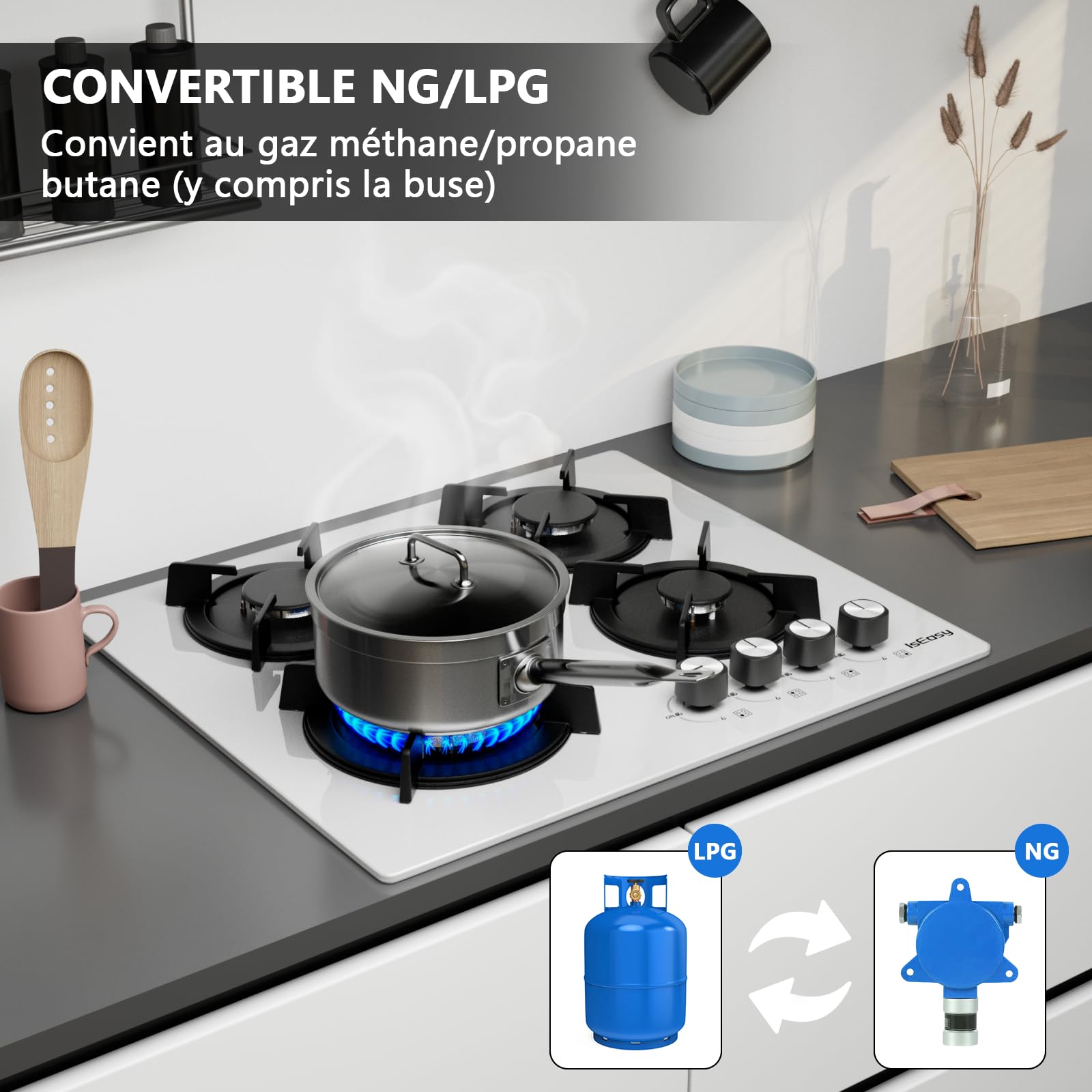 IsEasy Piano cottura a gas 4 fuochi vetro bianco, Piano cottura a gas 4 fuochi da incasso, Piano cottura 60cm, 7800W, Supporti in ghisa, Gas di città e bombola