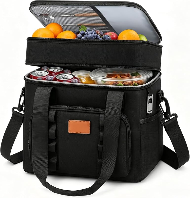 BBLTIFF Borsa Termica Porta Pranzo, 30.7L Borsa Doppio Frigo Grande, Borsa Porta Pranzo, Borse Termiche con Tracolla Regolabile, Tasche Multiple e Apribottiglie per Picnic, Campeggio, Ufficio (Nero)